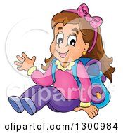 Poster, Art Print Of Cartoon Brunette White School Girl Sitting And Waving