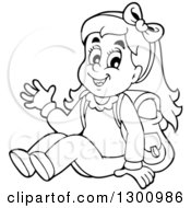 Clipart Of A Cartoon Black And White School Girl Sitting And Waving Royalty Free Vector Illustration