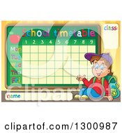 Cartoon Brunette White School Boy Sitting And Waving Under A School Time Table