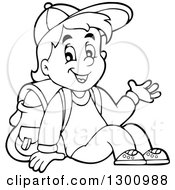 Poster, Art Print Of Cartoon Black And White School Boy Sitting And Waving