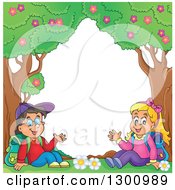 Clipart Of A Cartoon White School Boy And Girl Sitting And Waving Under Trees Royalty Free Vector Illustration by visekart
