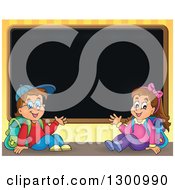 Poster, Art Print Of Cartoon White School Boy And Girl Sitting And Waving By A Black Board