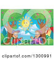 Poster, Art Print Of Cartoon White School Boy And Girl Sitting And Waving By Trees And A Smiling Sun