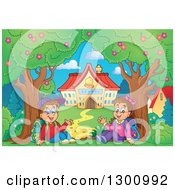 Poster, Art Print Of Cartoon White School Boy And Girl Sitting And Waving By Trees And A Building