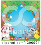 Poster, Art Print Of Cartoon Cute Spring Lamb Resting With A Chick And Rabbit Under Trees With Blossoms And Butterflies