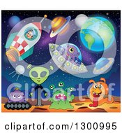 Poster, Art Print Of Cartoon White Astronaut Boy In A Rocket With Aliens Planets And Ufos