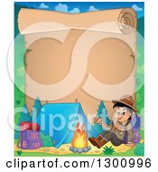 Poster, Art Print Of Cartoon Parchment Page And A Happy Scout Boy Sitting With A Backpack And Waving By A Camp Fire