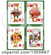 Clipart Of Queen Of Hearts Playing Cards Over Green Royalty Free Vector Illustration