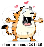 Poster, Art Print Of Cartoon Loving Chubby Sabertooth Tiger With Open Arms And Hearts