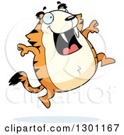 Poster, Art Print Of Cartoon Happy Chubby Sabertooth Tiger Jumping