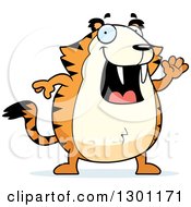 Clipart Of A Cartoon Happy Friendly Chubby Sabertooth Tiger Waving Royalty Free Vector Illustration