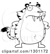 Outline Clipart Of A Black And White Cartoon Angry Mad Chubby Sabertooth Tiger With Hands On His Hips Royalty Free Lineart Vector Illustration by Cory Thoman
