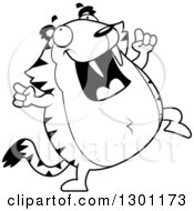 Black And White Cartoon Happy Chubby Sabertooth Tiger Dancing