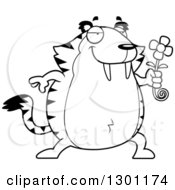 Outline Clipart Of A Black And White Cartoon Romantic Chubby Sabertooth Tiger Giving A Flower Royalty Free Lineart Vector Illustration by Cory Thoman