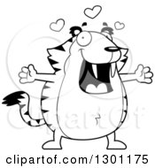 Outline Clipart Of A Black And White Cartoon Loving Chubby Sabertooth Tiger With Open Arms And Hearts Royalty Free Lineart Vector Illustration