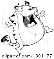 Poster, Art Print Of Black And White Cartoon Happy Chubby Sabertooth Tiger Jumping