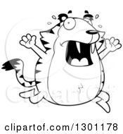 Black And White Cartoon Scared Chubby Sabertooth Tiger Running And Screaming