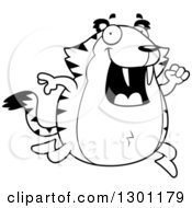 Outline Clipart Of A Black And White Cartoon Happy Chubby Sabertooth Tiger Running Royalty Free Lineart Vector Illustration