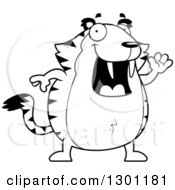 Outline Clipart Of A Black And White Cartoon Happy Friendly Chubby Sabertooth Tiger Waving Royalty Free Lineart Vector Illustration