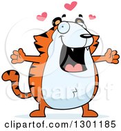 Clipart Of A Cartoon Loving Chubby Tiger With Open Arms And Hearts Royalty Free Vector Illustration