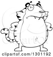 Outline Clipart Of A Cartoon Black And White Angry Mad Chubby Tiger With Hands On His Hips Royalty Free Lineart Vector Illustration