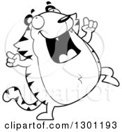 Outline Clipart Of A Cartoon Black And White Happy Chubby Tiger Dancing Royalty Free Lineart Vector Illustration