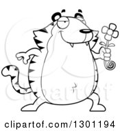 Outline Clipart Of A Cartoon Black And White Romantic Chubby Tiger Giving A Flower Royalty Free Lineart Vector Illustration
