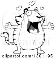 Outline Clipart Of A Cartoon Black And White Loving Chubby Tiger With Open Arms And Hearts Royalty Free Lineart Vector Illustration