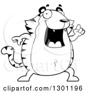 Outline Clipart Of A Cartoon Black And White Happy Smart Chubby Tiger With An Idea Royalty Free Lineart Vector Illustration
