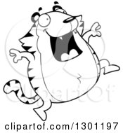 Outline Clipart Of A Cartoon Black And White Happy Chubby Tiger Jumping Royalty Free Lineart Vector Illustration