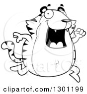 Outline Clipart Of A Cartoon Black And White Happy Chubby Tiger Running Royalty Free Lineart Vector Illustration