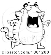 Outline Clipart Of A Cartoon Black And White Happy Chubby Tiger Walking Royalty Free Lineart Vector Illustration