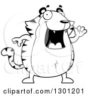 Outline Clipart Of A Cartoon Black And White Happy Friendly Chubby Tiger Waving Royalty Free Lineart Vector Illustration
