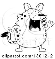 Outline Clipart Of A Black And White Cartoon Happy Friendly Chubby Hyena Waving Royalty Free Lineart Vector Illustration by Cory Thoman