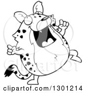 Outline Clipart Of A Black And White Cartoon Happy Chubby Hyena Dancing Royalty Free Lineart Vector Illustration by Cory Thoman