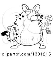Outline Clipart Of A Black And White Cartoon Romantic Chubby Hyena Giving A Flower Royalty Free Lineart Vector Illustration by Cory Thoman