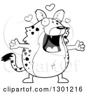 Cartoon Black And White Loving Chubby Hyena With Open Arms And Hearts