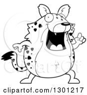 Cartoon Black And White Happy Smart Chubby Hyena With An Idea