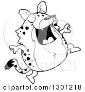 Outline Clipart Of A Black And White Cartoon Happy Chubby Hyena Jumping Royalty Free Lineart Vector Illustration by Cory Thoman