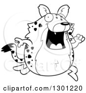 Outline Clipart Of A Black And White Cartoon Happy Chubby Hyena Running Royalty Free Lineart Vector Illustration by Cory Thoman