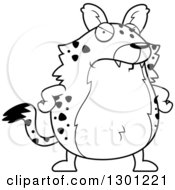 Outline Clipart Of A Black And White Cartoon Angry Mad Chubby Hyena With Hands On His Hips Royalty Free Lineart Vector Illustration by Cory Thoman