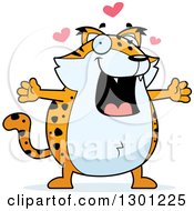 Poster, Art Print Of Cartoon Loving Chubby Bobcat Character With Open Arms And Hearts