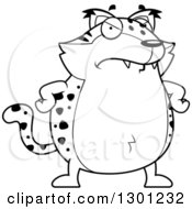 Outline Clipart Of A Cartoon Black And White Mad Angry Chubby Bobcat Character With Hands On His Hips Royalty Free Lineart Vector Illustration