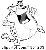 Outline Clipart Of A Cartoon Black And White Happy Dancing Chubby Bobcat Character Royalty Free Lineart Vector Illustration