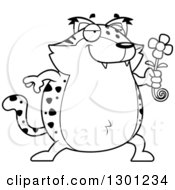 Poster, Art Print Of Cartoon Black And White Romantic Chubby Bobcat Character Giving A Flower