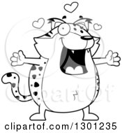 Outline Clipart Of A Cartoon Black And White Loving Chubby Bobcat Character With Open Arms And Hearts Royalty Free Lineart Vector Illustration by Cory Thoman