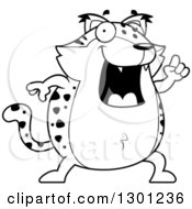 Outline Clipart Of A Cartoon Black And White Smart Chubby Bobcat Character With An Idea Royalty Free Lineart Vector Illustration
