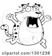 Outline Clipart Of A Cartoon Black And White Scared Chubby Bobcat Character Running And Screaming Royalty Free Lineart Vector Illustration