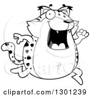 Outline Clipart Of A Cartoon Black And White Chubby Bobcat Character Running Royalty Free Lineart Vector Illustration by Cory Thoman