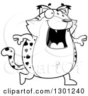 Outline Clipart Of A Cartoon Black And White Happy Chubby Bobcat Character Walking Royalty Free Lineart Vector Illustration by Cory Thoman